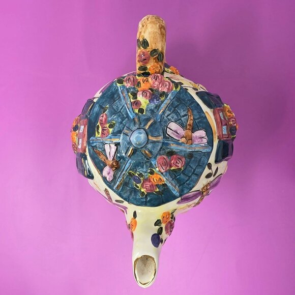 vintage Hand-Painted Ceramic Cottage Style Dragonfly Teapot & Cup Set With Lid - Picture 5 of 14